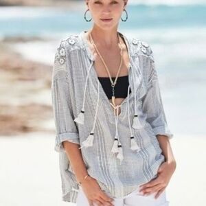 JOHNNY WAS White 100% Cotton Jacque Tassel Blouse S